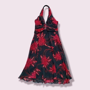 Karen Millen y2k Halter Neck Seide Kleid Schwarz rot rosa Floral Muster uk 12