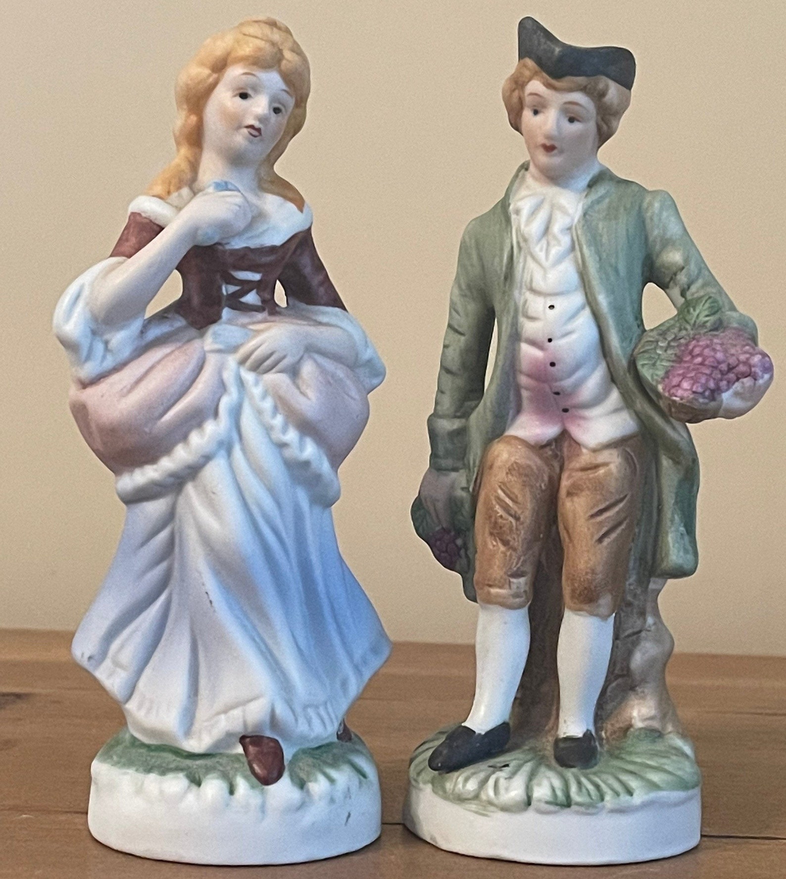 Vintage Colonial Bisque Man and Woman Figurines Set of 2 FIBA Porcelain