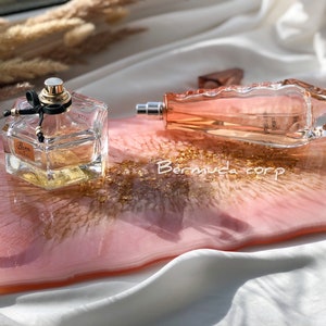 Resin Glam Pink and Gold Leaf Perfume Tray with Handles
