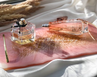 Resin Glam Pink and Gold Leaf Perfume Tray with Handles