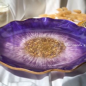 Luxury Decorative Resin Purple Fruit Bowl, Large Purple and Gold Geode Serving Tray