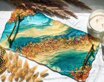 Parfumblad hars: groenblauw, beige en goud decoratief dienblad met handgrepen