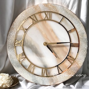 Resin Beige Art Clock, Oversized Epoxy Wall Clock, Housewarming Gift First Home, Unique Resin Clock for Wall, Resin Clock with Stones