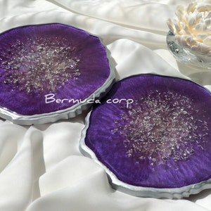Set of 2 Resin Purple Geode Coaster, Epoxy Purple and Silver Round Coasters, Valentines Gift