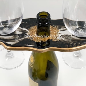 Black Resin Wine Butler / Wine Geode Caddy Set / Resin Wine Bottle Holder / Black & Gold Resin Wine Glass Holder
