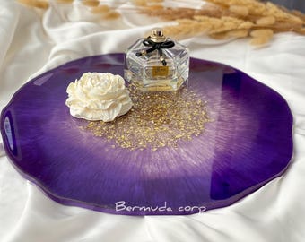 Handmade Iridescent Purple and Gold Resin Tray: Vanity Decor, Kitchen Centerpiece (12 inch)