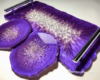 Luxury Purple Resin Tray and Coaster Set: Geode Decor