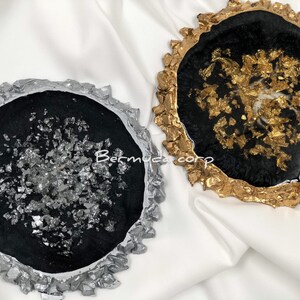 Large Resin Black with Silver / Gold Coasters, Handmade Resin Drink Coaster Set, Personalized Geode Bar Coasters