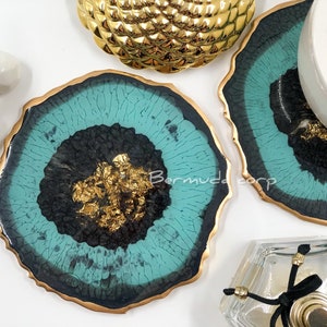 Resin Geode Coasters: Black, Blue & Gold Flakes - Set of 2