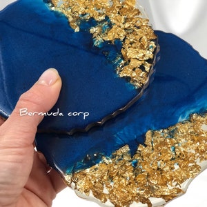 Blå & Guld Geode Resin Coaster Set: Personliga Barware Presenter