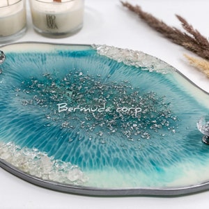 Resin Oval Vanity Tray: Blue, White, and Silver Decor with Crystal Handles