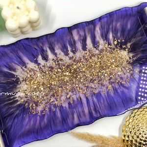 Purple and Gold Luxury Decorative Perfume Tray, Handmade Table Decor by Bermuda, Serving Glam Tray with handles