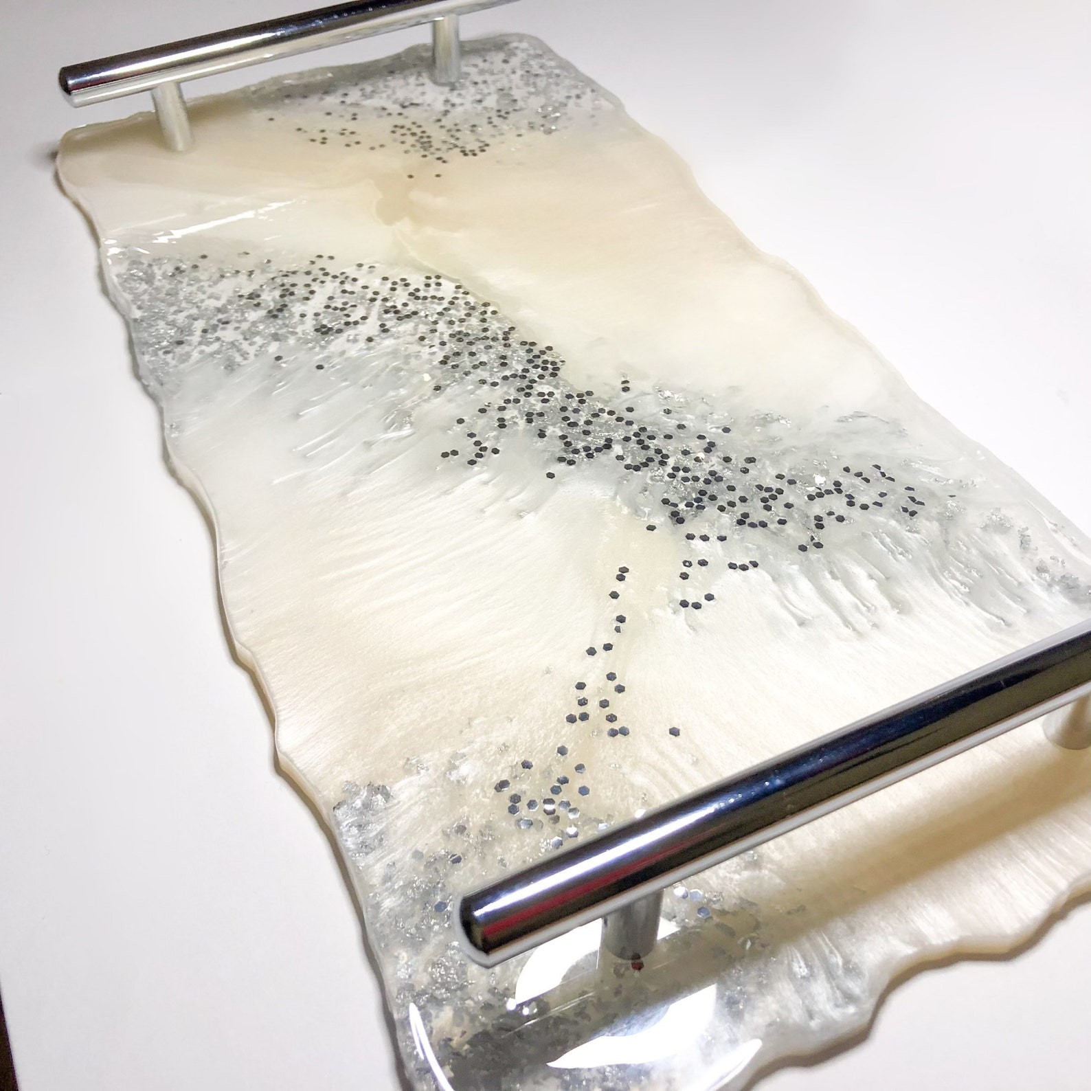 Elegant large white serving tray with handles geode resin Etsy