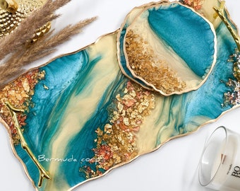 Set med bricka och underlägg i harts: Teal Gold Geode, lyxigt dekorativt set