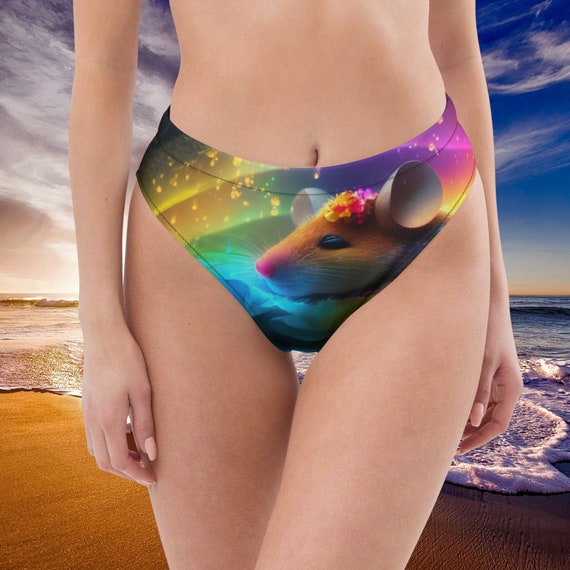 Cute Mouse Sleeping In A Bed Of Rainbow Flowers High-Waisted Bikini Bottom!, Mix and Match Women's Swimsuits