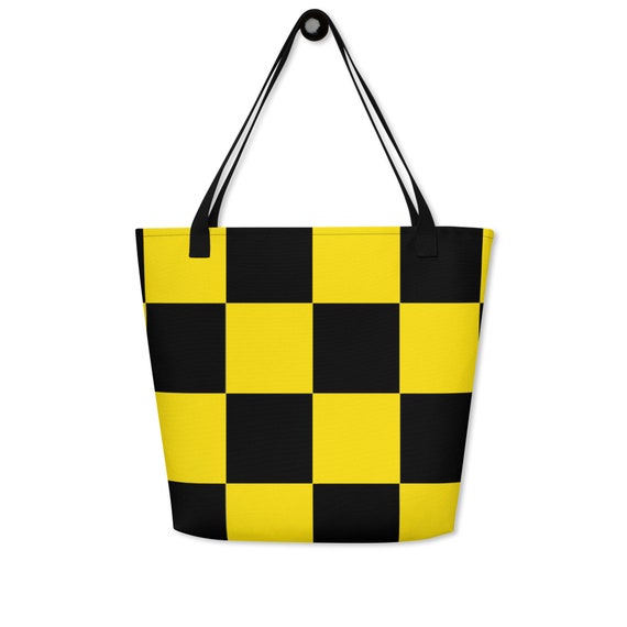 Bright Neon Yellow and Black Checkers Large Tote Bag