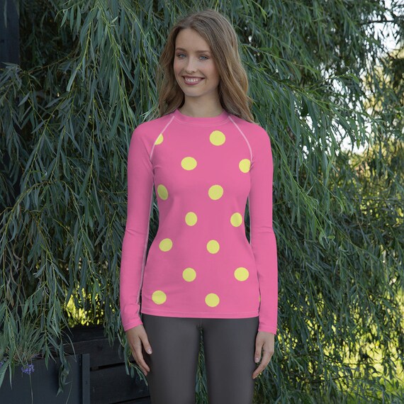 Brilliant Rose Pink with Dolly Yellow Polka Dots Women's Rash Guard, Swimwear / Activewear for Ladies, Mix and Match Women's Swimsuits