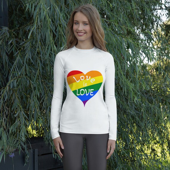 White with Rainbow Heart Love is Love Women's Long Sleeve Rash Guard, Swimwear / Activewear for Ladies, Mix and Match Women's Swimsuits