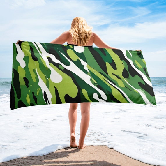 Deep Green Camouflage Beach Towel, Vibrant Color Pool Towel, Soft Premium Quality Bath Towel,  30 x 60
