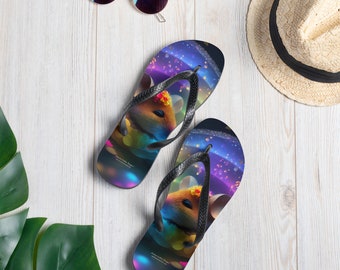 Souris mignonne dans des fleurs arc-en-ciel, chaussures tongs pour adultes