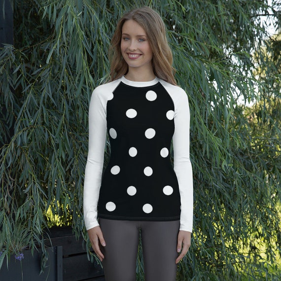 Black with White Polka Dots & Sleeves Women's Rash Guard, Swimwear / Activewear for Ladies, Mix and Match Women's Swimsuits