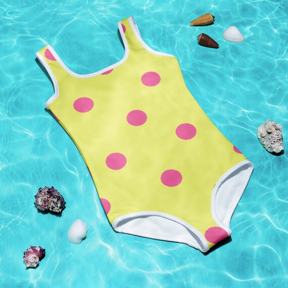 Dolly Yellow with Brilliant Rose Pink Polka Dots Kids Swimsuit