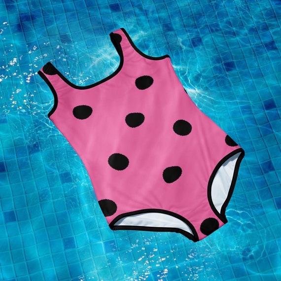 Brilliant Rose Pink with Black Polka Dots Youth Swimsuit