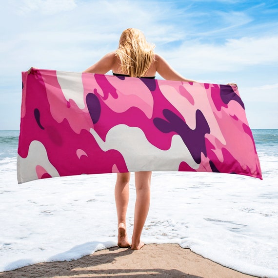 Deep Pink Camouflage Beach Towel, Vibrant Color Pool Towel, Soft Premium Quality Bath Towel,  30 x 60