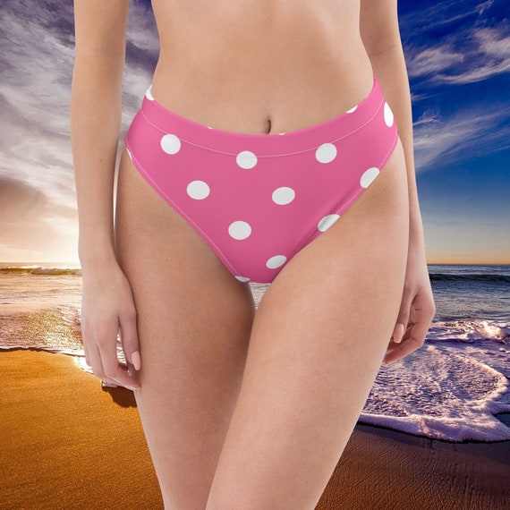 Brilliant Rose Pink & White Polka Dots High-Waisted Bikini Bottom, Mix and Match Women's Swimsuits