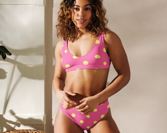 Herbst LeAnn Designs® | Brilliant Rose Pink & Dolly Yellow Polka Dots Gepolstertes Damen-Bikinioberteil mit hoch taillierter Hose