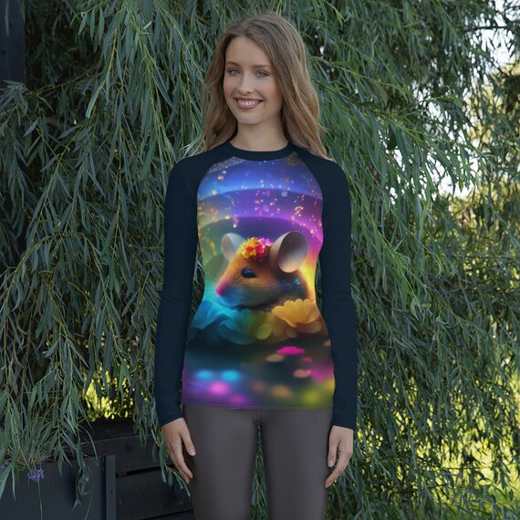 Rainbow Mouse Women's Long Sleeve Rash Guard Swim Top, Mix and Match Women's Swimsuits