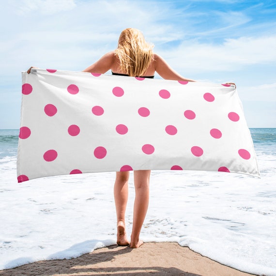 White with Brilliant Rose Pink Polka Dots Beach Towel, Vibrant Color Pool Towel, Soft Premium Quality Bath Towel,  30 x 60
