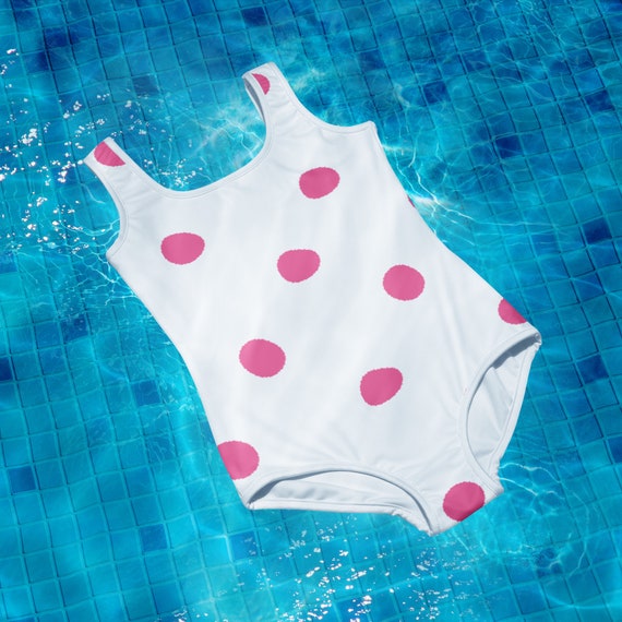 White with Brilliant Rose Pink Polka Dots Youth Swimsuit