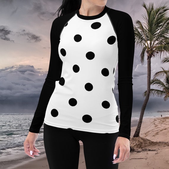 White with Black Polka Dots & Sleeves Women's Rash Guard, Swimwear / Active Wear Top for Ladies, Mix and Match Women's Swimsuits