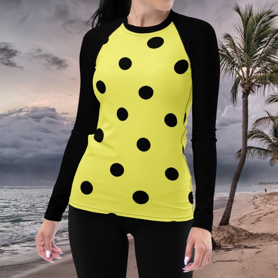 Dolly Yellow with Black Polka Dots& Sleeves Women's Rash Guard, Swimwear / Active Wear Top for Ladies, Mix and Match Women's Swimsuits