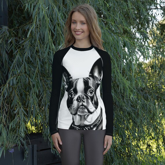 White and Black Boston Terrier Women's Long Sleeve Rash Guard Swim Top, Mix and Match Women's Swimsuits