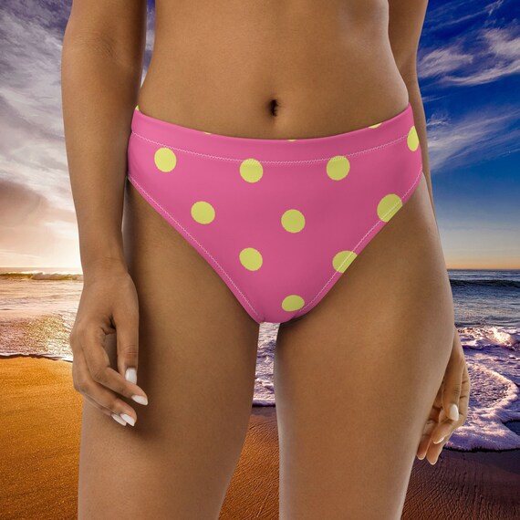 Brilliant Rose Pink with Dolly Yellow Polka Dots High-Waisted Bikini Bottom, Mix and Match Women's Swimsuits