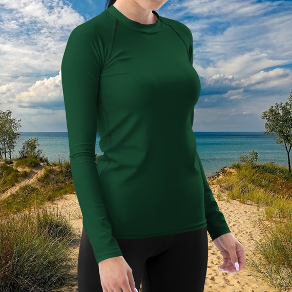 Solid Deep Green Women's Rash Guard, Swimwear / Activewear for Ladies, Mix and Match Women's Swimsuits