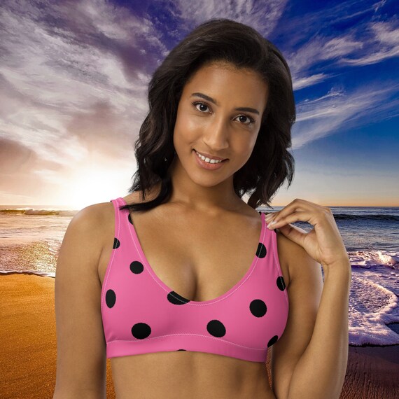 Brilliant Rose Pink and Black Polka Dot Padded Bikini Top, Mix and Match Women's Swimsuits