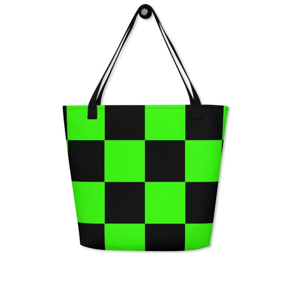 Bright Neon Green and Black Checker Large Tote Bag