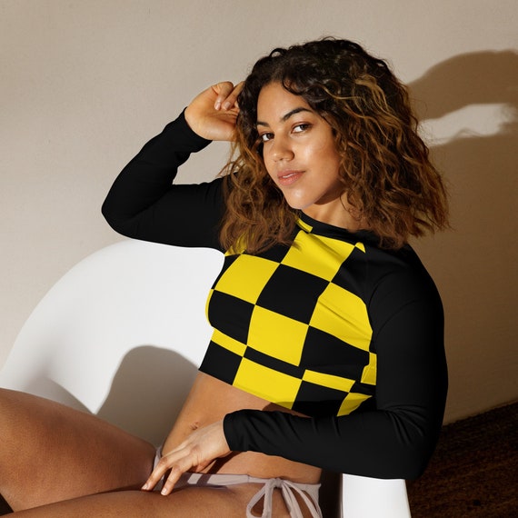 Black and Bright Yellow Checker Ladies Crop Top with Black Long Sleeves , Swimwear / Activewear for Women, Mix and Match Women's Swimsuits