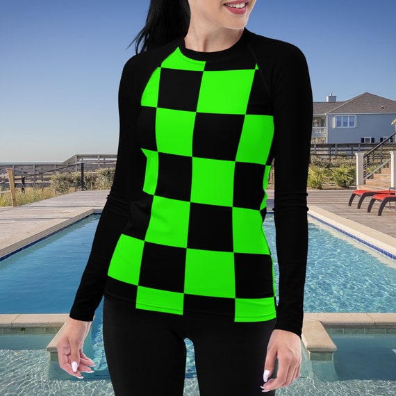 Black and Green Checker Women's Rash Guard with Black Long Sleeves, Swimwear / Activewear Top, Mix and Match Women's Swimsuits