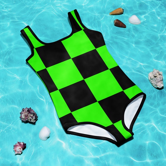 Black and Green Checker One Piece Kids Swimsuit