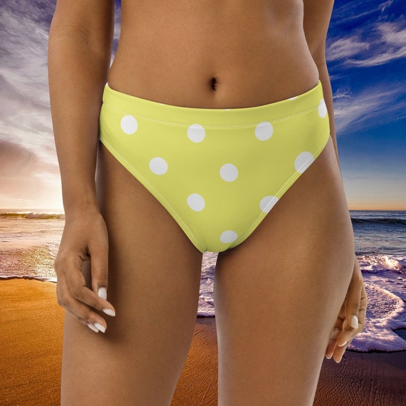 Dolly Yellow & White Polka Dots High-Waisted Bikini Bottom, Mix and Match Women's Swimsuits