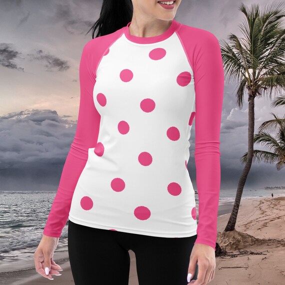 White with Brilliant Rose Pink Polka Dots & Sleeves Women's Rash Guard, Swimwear / Activewear Top for Ladies, Mix and Match Swimsuits