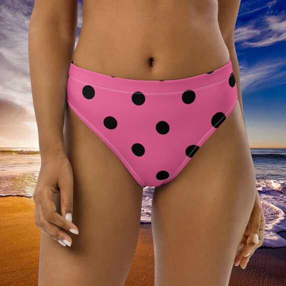 Brilliant Rose Pink and Black Polka Dot High-Waisted Bikini Bottom, Mix and Match Women's Swimsuits