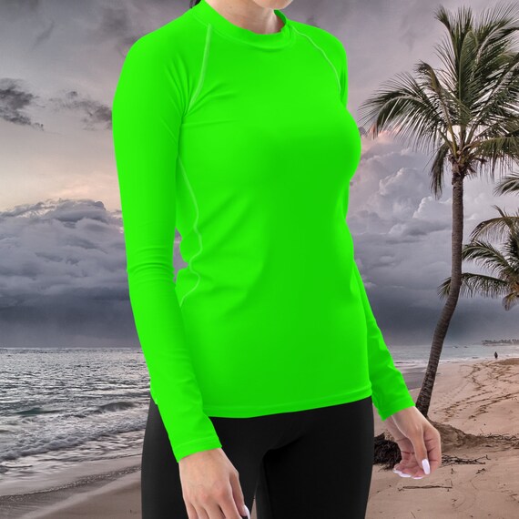 Solid Bright Neon Green Women's Rash Guard, Swimwear / Activewear for Ladies, Mix and Match Women's Swimsuits