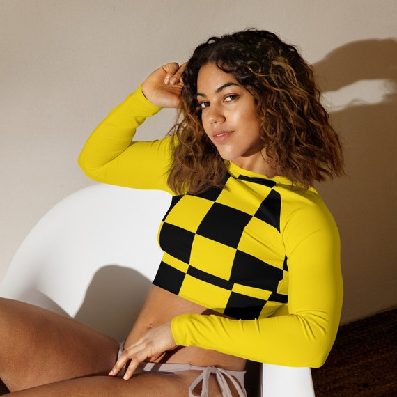 Bright Yellow and Black Checker Ladies Crop Top with Bight Yellow Long Sleeves , Swimwear / Activewear for Women, Mix and Match Swimsuits