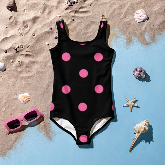 Black with Brilliant Rose Pink Polka Dots Toddler Swimsuit