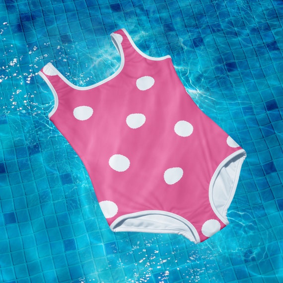 Brilliant Rose Pink with White Polka Dots Youth Swimsuit